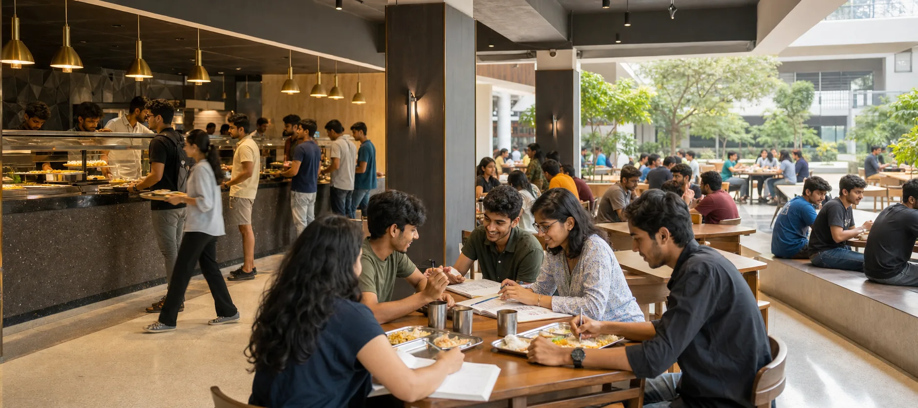 Students dining and collaborating in the campus cafeteria