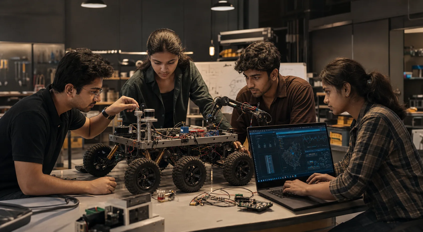 Engineering students collaboratively building and testing an autonomous rover prototype